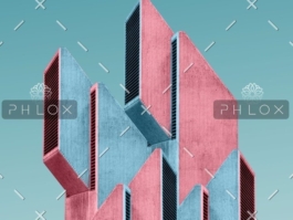 Abstract architectural structure with vertical elements in pink and blue tones against a blue sky