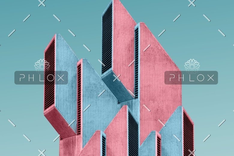 Abstract architectural structure with vertical elements in pink and blue tones against a blue sky