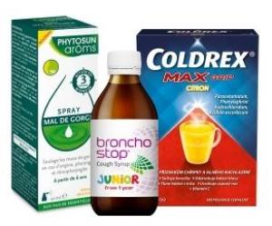 Packaging of Bronchostop Junior cough syrup, Phytosun arôms throat spray, and Coldrex Max Grip cold medicine