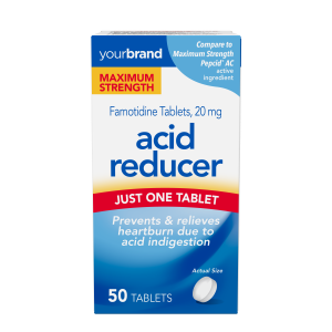 Maximum strength acid reducer tablets packaging with famotidine 20 mg, 50 tablets