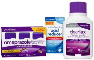 Packaging for YourBrand Omeprazole delayed release tablets acid reducer and ClearLax gentle laxative powder