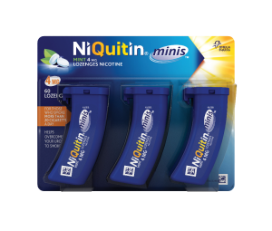 NiQuitin Minis nicotine lozenges packaging with 4 mg dosage in three blue containers