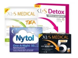 Product packaging of weight loss and sleep aid supplements including XLS Medical Tea, XLS Detox, Nytol One-A-Night, and XLS Medical Forte 5