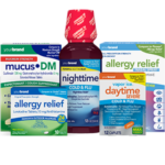 Variety of branded cold and allergy relief product packaging including mucos DM, nighttime cold and flu, and allergy relief tablets