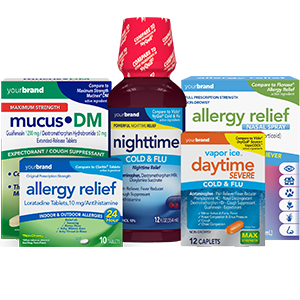Variety of branded cold and allergy relief product packaging including mucos DM, nighttime cold and flu, and allergy relief tablets