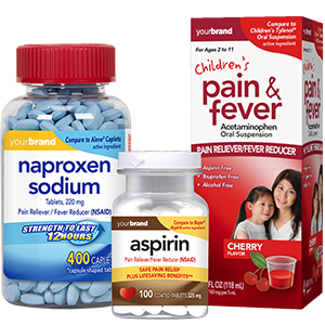 Generic brand packaging of naproxen sodium and aspirin pain relievers with children's acetaminophen oral suspension