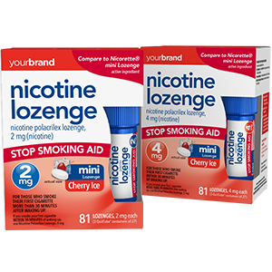 Nicotine lozenge manufacturer packaging showing stop smoking aid with 2 mg and 4 mg cherry ice flavors