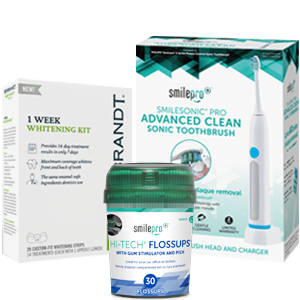 Whitening kit, advanced sonic toothbrush, and dental floss picks packaging grouped together