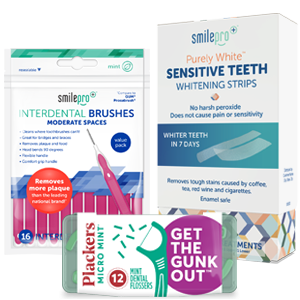 Packaging of interdental brushes, sensitive teeth whitening strips, and mint dental floss for oral care