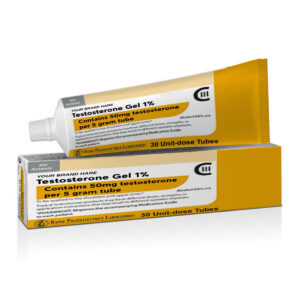 Testosterone Gel 1% tube and packaging indicating 50mg testosterone per 5 gram tube by Raphe Pharmaceutique Laboratories