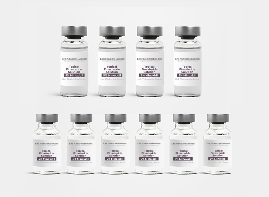 Array of ten vials labeled Topical Finasteride Solution 5% Minoxidil Hair Thickening Serum from Rapid Pharmaceutique Laboratories