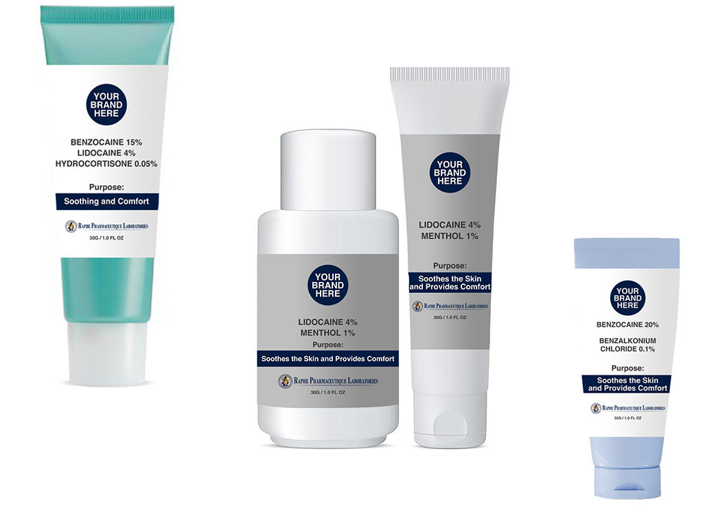 Assorted topical creams and lotions in tubes and bottles labeled with local anesthetics and soothing ingredients, branded as Your Brand Here manufacturers