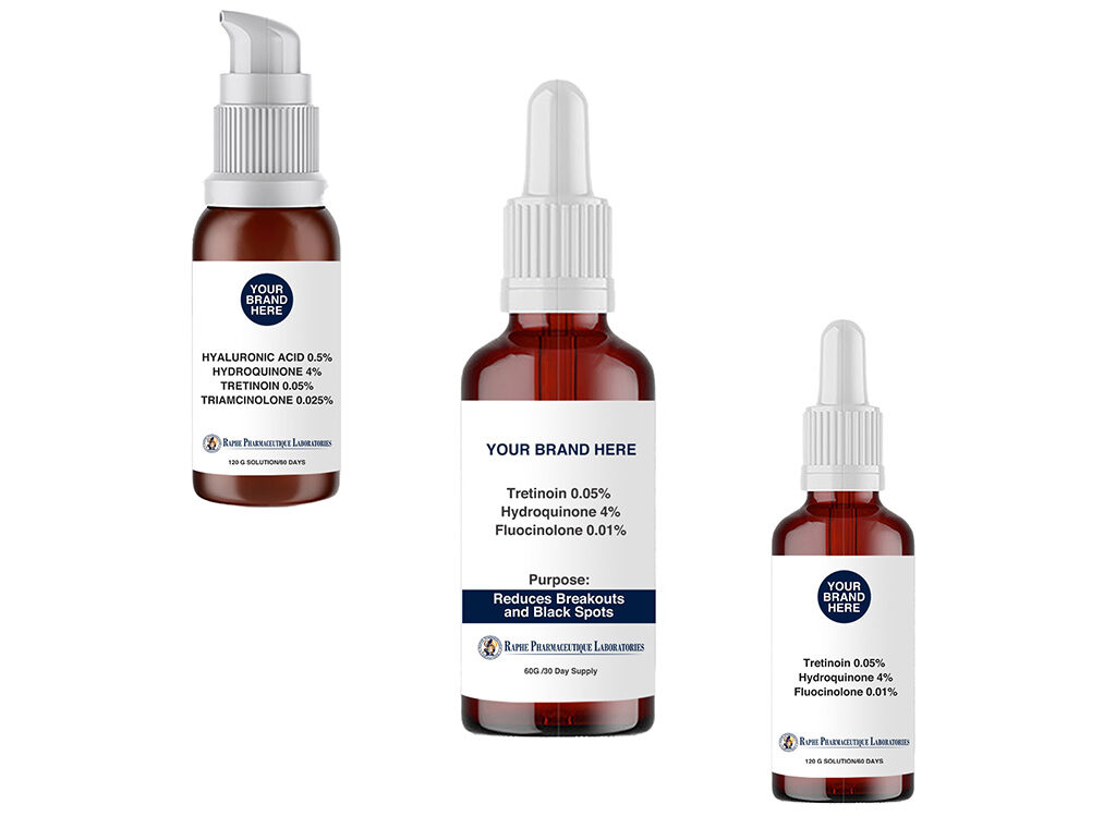 Three amber dropper bottles labeled with skincare ingredients including tretinoin, hydroquinone, and fluocinolone from a customizable private label skincare manufacturer