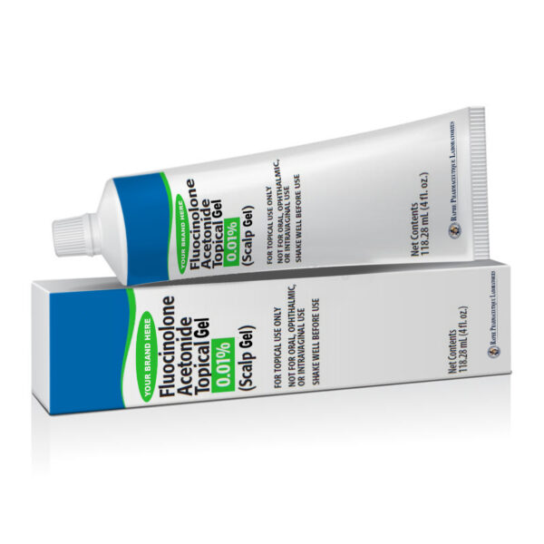 Packaging and tube of Flucinolone Acetonide topical gel 0.01% for scalp use