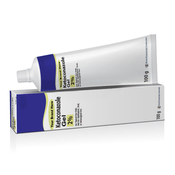 Ketoconazole 2% gel tube and box packaging for topical use by Rare Pharmaceutique Laboratories