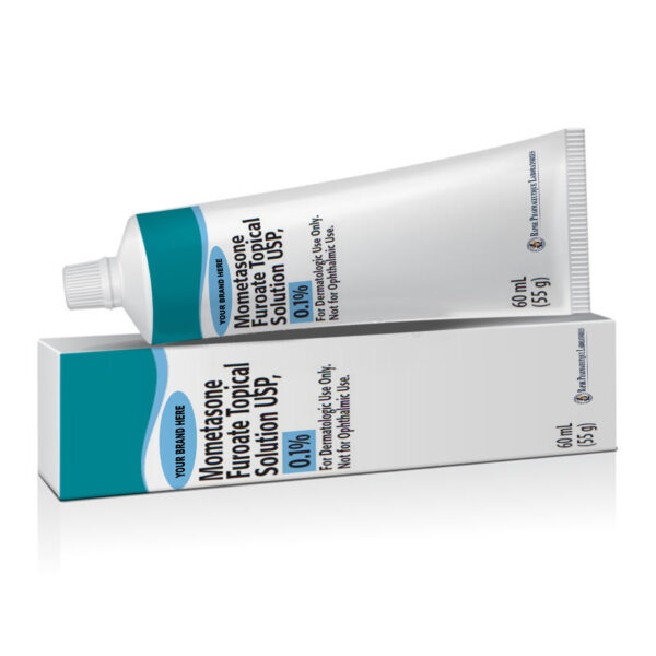 Tube and box of Mometasone Furoate Topical Solution USP 0.1% with customizable brand label