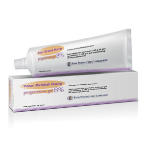 Progesterone gel 8% tube and box with customizable branding from Raphe Pharmaceutique Laboratories