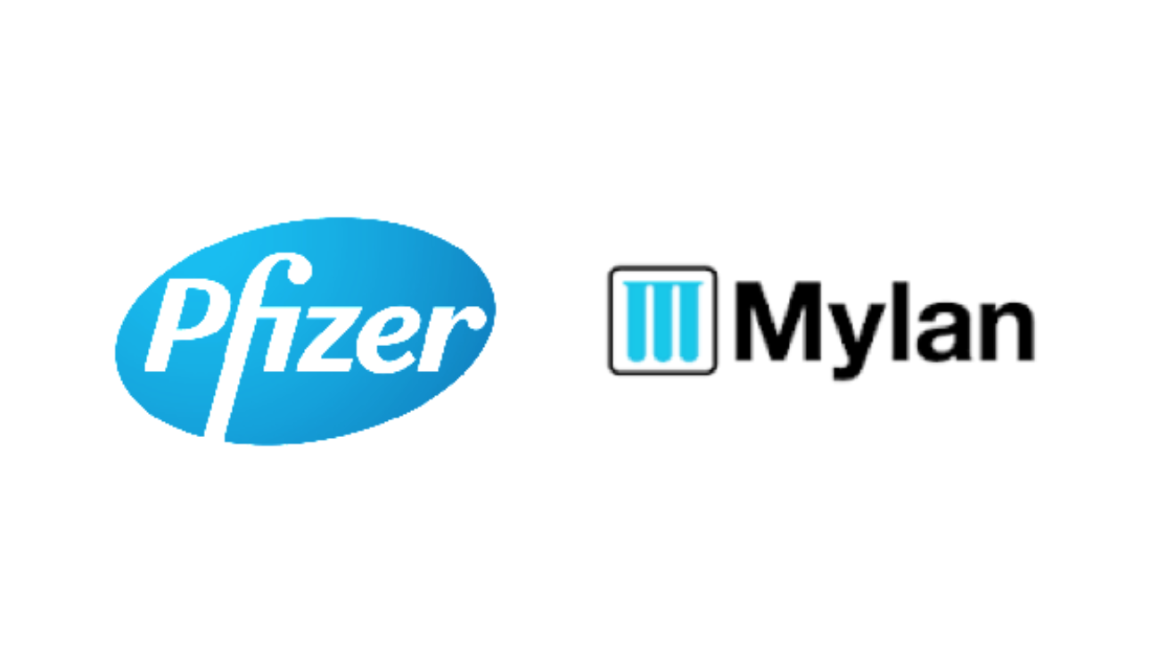 Logos of Pfizer and Mylan pharmaceutical manufacturers side by side on a white background
