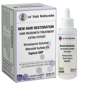 Le Hair Naturelle New Hair Restoration topical solution bottle and box for hair regrowth treatment with Bimatoprost and Minoxidil Sulfate 5%