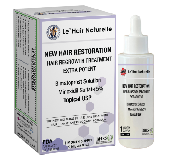Le Hair Naturelle New Hair Restoration topical solution bottle and box for hair regrowth treatment with Bimatoprost and Minoxidil Sulfate 5%