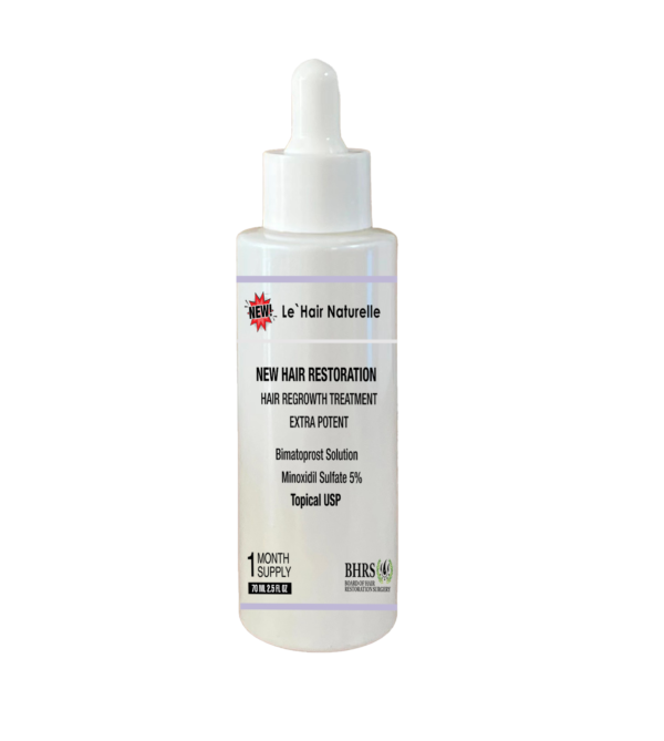 Bottle of Le Hair Naturelle new hair restoration topical treatment with 5% minoxidil sulfate and bimatoprost solution