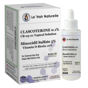 Clascoterone 0.1% topical solution bottle and packaging for hair loss treatment with Minoxidil Sulfate 5% and Vitamin D-Biotin 10%, FDA approved ingredient, 1 month supply.