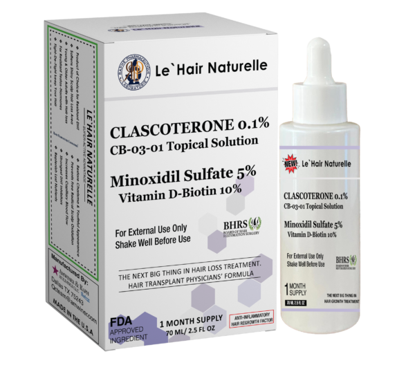 Clascoterone 0.1% topical solution bottle and packaging for hair loss treatment with Minoxidil Sulfate 5% and Vitamin D-Biotin 10%, FDA approved ingredient, 1 month supply.