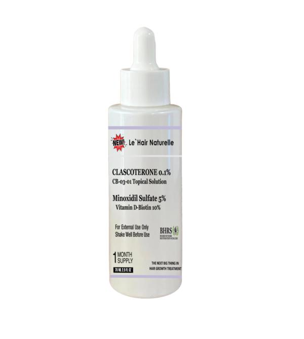 Bottle of Clascoterone 0.1% and Minoxidil Sulfate 5% topical solution for hair growth treatment