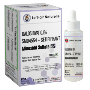 Le Hair Naturelle hair loss treatment packaging and dropper bottle containing Dalosirvat 0.1%, SMO4554, Setipiprant, and 5% Minoxidil Sulfate