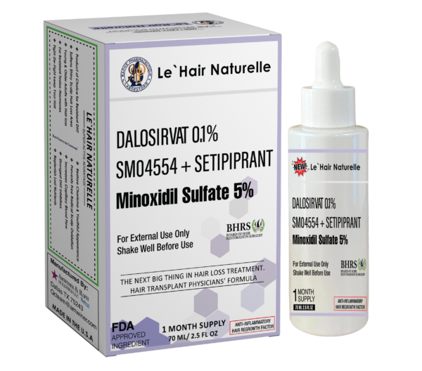 Le Hair Naturelle hair loss treatment packaging and dropper bottle containing Dalosirvat 0.1%, SMO4554, Setipiprant, and 5% Minoxidil Sulfate