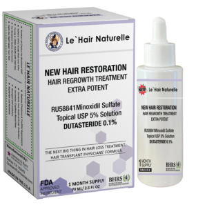 Le`Hair Naturelle New Hair Restoration topical solution with Minoxidil Sulfate 5% and Dutasteride 0.1% in 70ml bottle and box packaging