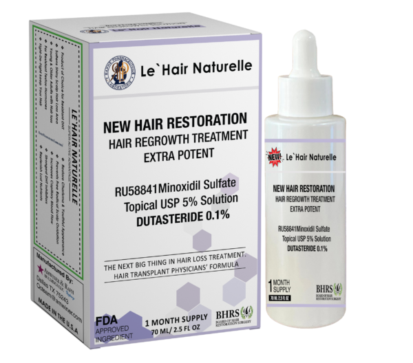 Le`Hair Naturelle New Hair Restoration topical solution with Minoxidil Sulfate 5% and Dutasteride 0.1% in 70ml bottle and box packaging