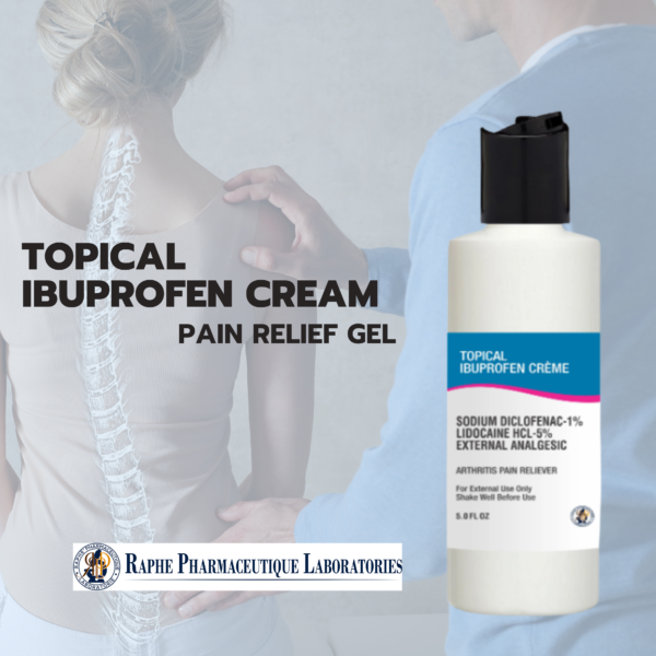 Topical ibuprofen cream pain relief gel packaging from Raphe Pharmaceutique Laboratories alongside an image of a person receiving back pain relief