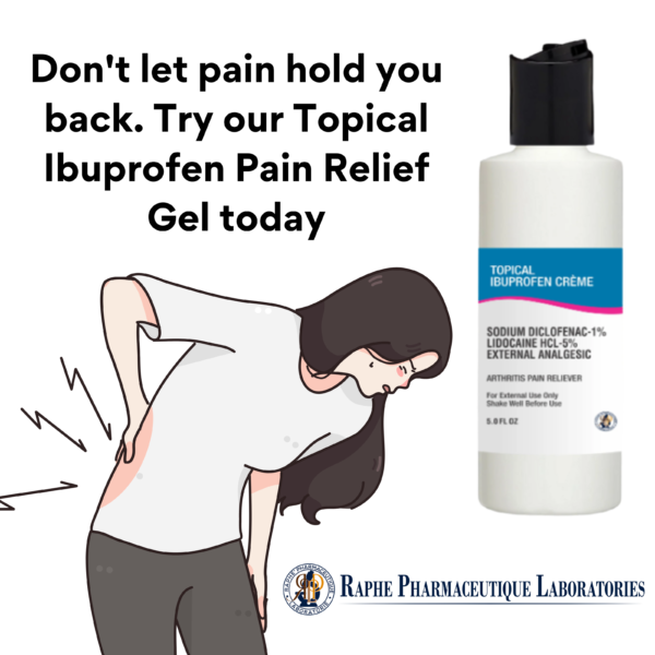 Topical Ibuprofen Pain Relief Gel bottle from Raphe Pharmaceutique Laboratories with illustration of woman holding lower back in pain