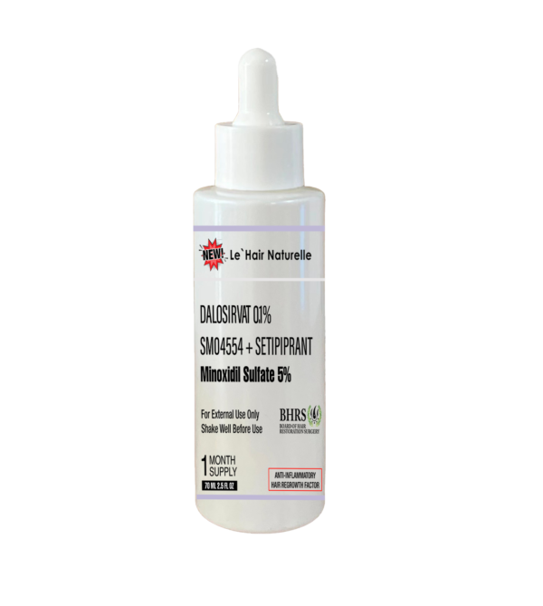 Bottle of Le Hair Naturelle Minoxidil Sulfate 5% hair regrowth serum with Dalosirvat and Setipiprant
