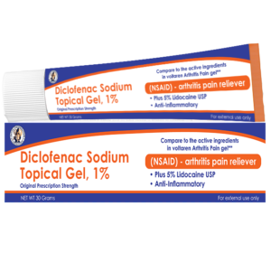 Diclofenac Sodium Topical Gel 1% packaging showing anti-inflammatory arthritis pain reliever with 5% lidocaine