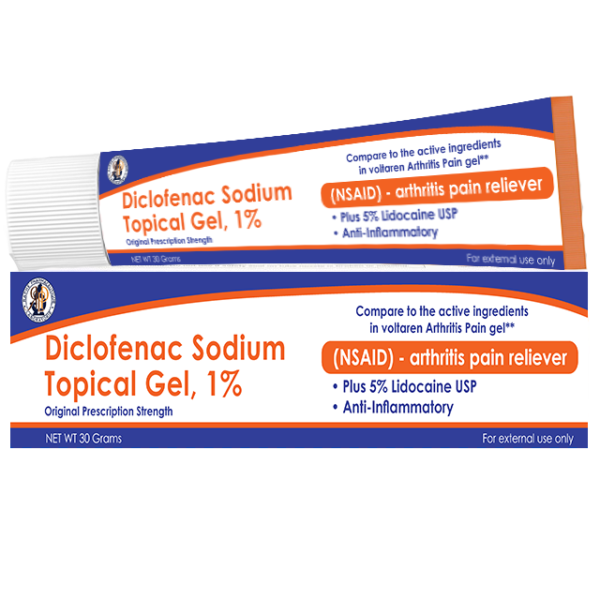 Diclofenac Sodium Topical Gel 1% packaging showing anti-inflammatory arthritis pain reliever with 5% lidocaine