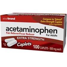 Acetaminophen extra strength caplets packaging for pain relief and fever reduction, 100 count, 500 mg each