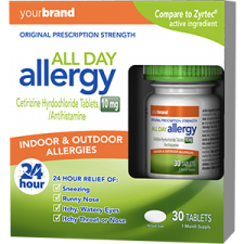 All Day Allergy original prescription strength Cetrizine Hydrochloride tablets packaging with 30 tablets for indoor and outdoor allergies