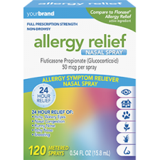Allergy relief nasal spray manufacturer packaging with 120 metered sprays and 24-hour allergy symptom relief