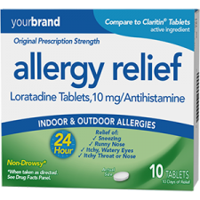 Box of allergy relief loratadine tablets 10 mg for indoor and outdoor allergies