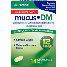 Mucus DM maximum strength cough suppressant and expectorant packaging with 14 extended-release tablets