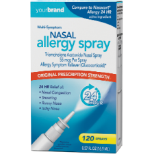 Multi-Symptom nasal allergy spray packaging with 120 sprays, original prescription strength, 24-hour relief