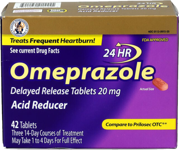 Box of 42 tablets of Omeprazole 20 mg delayed-release acid reducer for frequent heartburn relief