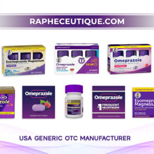 Various Omeprazole and Esomeprazole generic OTC product packaging from a USA generic OTC manufacturer