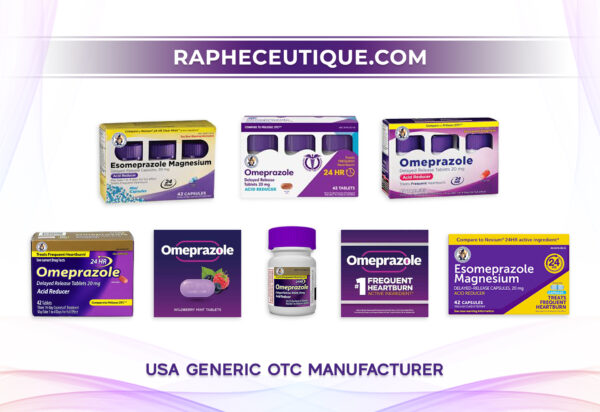 Various Omeprazole and Esomeprazole generic OTC product packaging from a USA generic OTC manufacturer