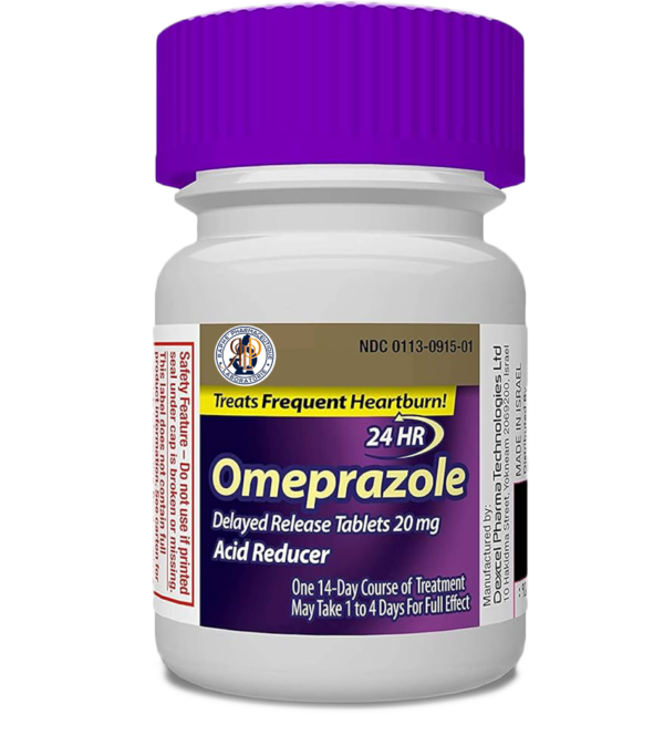 Bottle of Omeprazole delayed release tablets 20 mg acid reducer for frequent heartburn treatment
