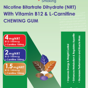 Product image of Nicotine Bitartrate Dihydrate (NRT) chewing gum manufacturer packaging with Vitamin B12 and L-Carnitine.