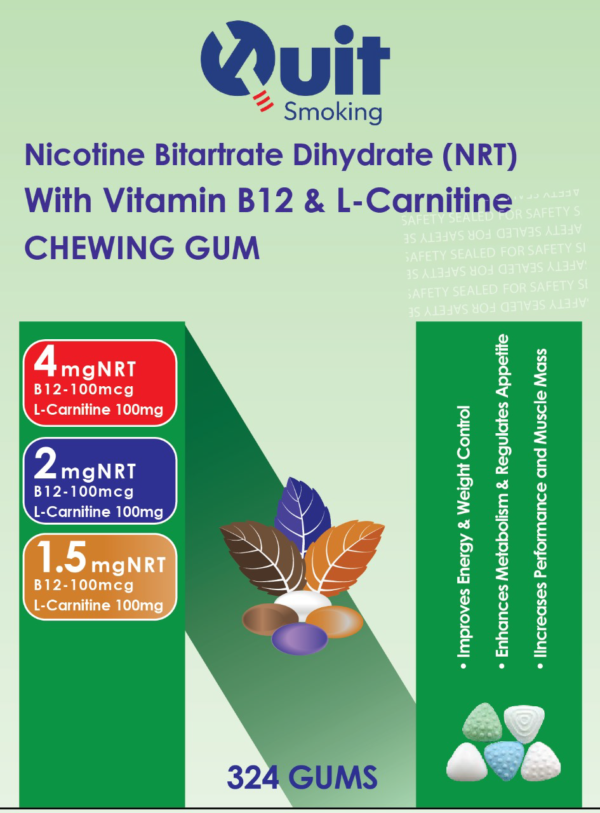 Product image of Nicotine Bitartrate Dihydrate (NRT) chewing gum manufacturer packaging with Vitamin B12 and L-Carnitine.