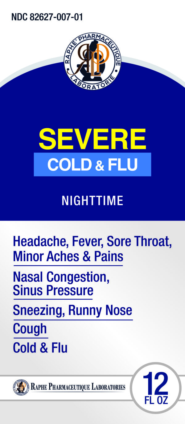 Severe Cold & Flu nighttime medicine label by Raphe Pharmaceutique Laboratories listing symptoms treated including headache, fever, sore throat, and nasal congestion